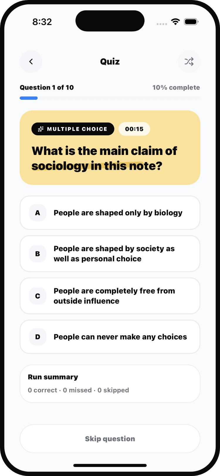 Quizzes screen